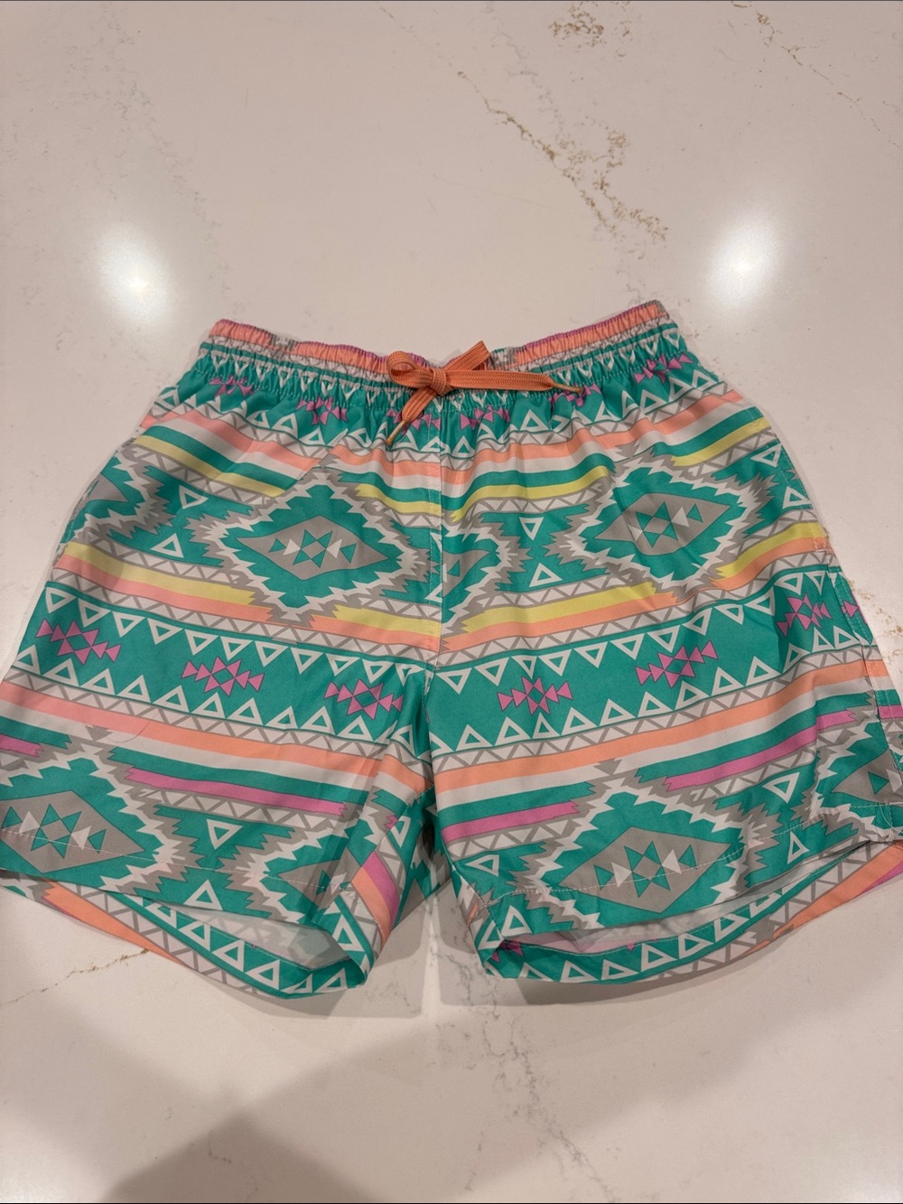 Chubbies Men's Teal Aztec Swim Trunks with Peach Drawstring